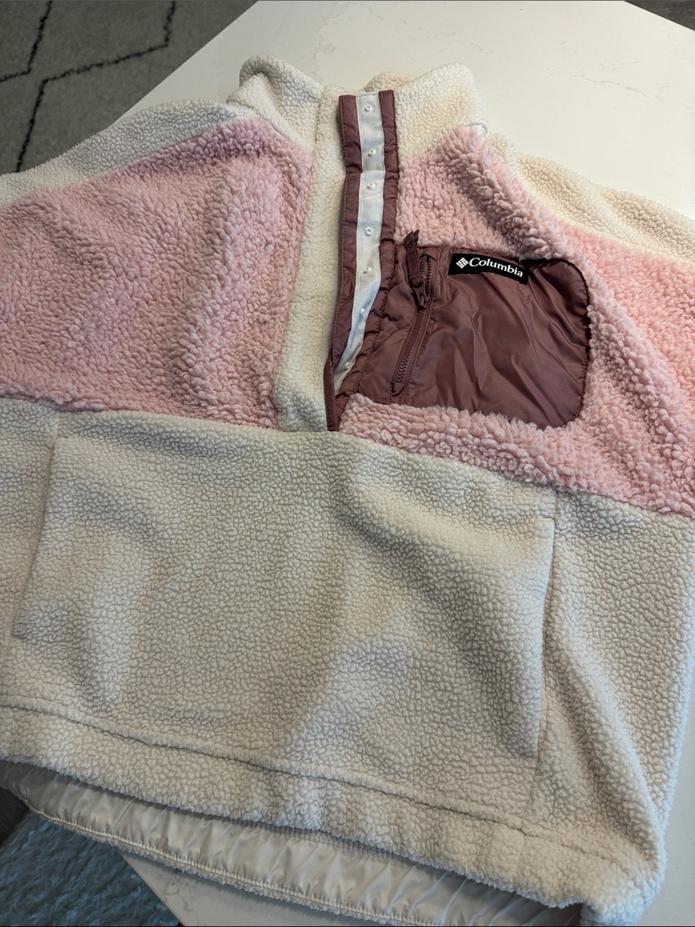 Columbia Pink and Cream Sherpa Fleece Pullover with Chest Pocket